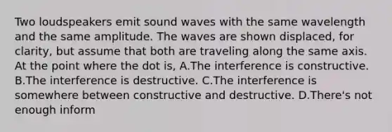 Two loudspeakers emit sound waves with the same wavelength and the same amplitude. The waves are shown displaced, for clarity, but assume that both are traveling along the same axis. At the point where the dot is, A.The interference is constructive. B.The interference is destructive. C.The interference is somewhere between constructive and destructive. D.There's not enough inform