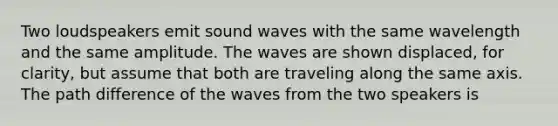 Two loudspeakers emit sound waves with the same wavelength and the same amplitude. The waves are shown displaced, for clarity, but assume that both are traveling along the same axis. The path difference of the waves from the two speakers is