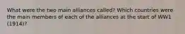 What were the two main alliances called? Which countries were the main members of each of the alliances at the start of WW1 (1914)?