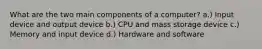 What are the two main components of a computer? a.) Input device and output device b.) CPU and mass storage device c.) Memory and input device d.) Hardware and software