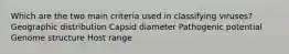 Which are the two main criteria used in classifying viruses? Geographic distribution Capsid diameter Pathogenic potential Genome structure Host range