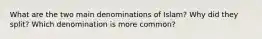 What are the two main denominations of Islam? Why did they split? Which denomination is more common?