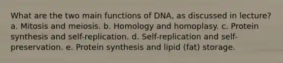 What are the two main functions of DNA, as discussed in lecture? a. Mitosis and meiosis. b. Homology and homoplasy. c. Protein synthesis and self-replication. d. Self-replication and self-preservation. e. Protein synthesis and lipid (fat) storage.