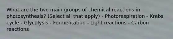 What are the two main groups of chemical reactions in photosynthesis? (Select all that apply) - Photorespiration - Krebs cycle - Glycolysis - Fermentation - Light reactions - Carbon reactions