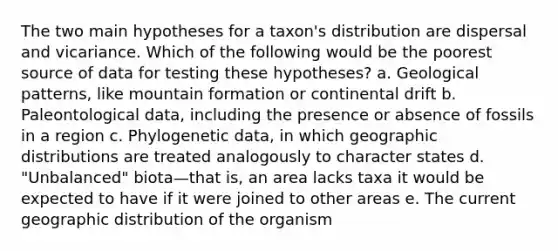 The two main hypotheses for a taxon's distribution are dispersal and vicariance. Which of the following would be the poorest source of data for testing these hypotheses? a. Geological patterns, like mountain formation or continental drift b. Paleontological data, including the presence or absence of fossils in a region c. Phylogenetic data, in which geographic distributions are treated analogously to character states d. "Unbalanced" biota—that is, an area lacks taxa it would be expected to have if it were joined to other areas e. The current geographic distribution of the organism