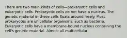 There are two main kinds of cells—prokaryotic cells and eukaryotic cells. Prokaryotic cells do not have a nucleus. The genetic material in these cells floats around freely. Most prokaryotes are unicellular organisms, such as bacteria. Eukaryotic cells have a membrane-bound nucleus containing the cell's genetic material. Almost all multicellular