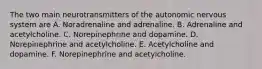 The two main neurotransmitters of the autonomic nervous system are A. Noradrenaline and adrenaline. B. Adrenaline and acetylcholine. C. Norepinephrine and dopamine. D. Norepinephrine and acetylcholine. E. Acetylcholine and dopamine. F. Norepinephrine and acetylcholine.