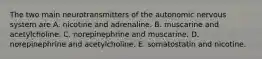 The two main neurotransmitters of the autonomic nervous system are A. nicotine and adrenaline. B. muscarine and acetylcholine. C. norepinephrine and muscarine. D. norepinephrine and acetylcholine. E. somatostatin and nicotine.