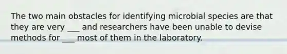 The two main obstacles for identifying microbial species are that they are very ___ and researchers have been unable to devise methods for ___ most of them in the laboratory.