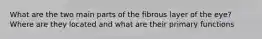 What are the two main parts of the fibrous layer of the eye? Where are they located and what are their primary functions