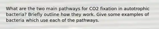 What are the two main pathways for CO2 fixation in autotrophic bacteria? Briefly outline how they work. Give some examples of bacteria which use each of the pathways.