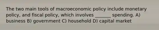 The two main tools of macro<a href='https://www.questionai.com/knowledge/kWbX8L76Bu-economic-policy' class='anchor-knowledge'>economic policy</a> include <a href='https://www.questionai.com/knowledge/kEE0G7Llsx-monetary-policy' class='anchor-knowledge'>monetary policy</a>, and <a href='https://www.questionai.com/knowledge/kPTgdbKdvz-fiscal-policy' class='anchor-knowledge'>fiscal policy</a>, which involves _______ spending. A) business B) government C) household D) capital market