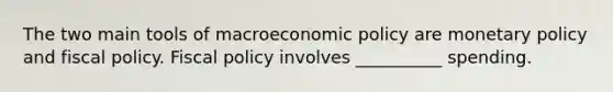 The two main tools of macro<a href='https://www.questionai.com/knowledge/kWbX8L76Bu-economic-policy' class='anchor-knowledge'>economic policy</a> are <a href='https://www.questionai.com/knowledge/kEE0G7Llsx-monetary-policy' class='anchor-knowledge'>monetary policy</a> and <a href='https://www.questionai.com/knowledge/kPTgdbKdvz-fiscal-policy' class='anchor-knowledge'>fiscal policy</a>. Fiscal policy involves __________ spending.