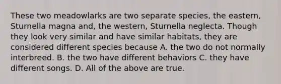 These two meadowlarks are two separate species, the eastern, Sturnella magna and, the western, Sturnella neglecta. Though they look very similar and have similar habitats, they are considered different species because A. the two do not normally interbreed. B. the two have different behaviors C. they have different songs. D. All of the above are true.