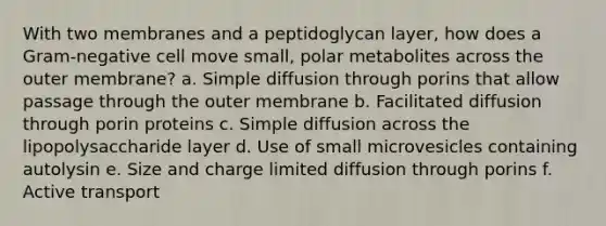 With two membranes and a peptidoglycan layer, how does a Gram-negative cell move small, polar metabolites across the outer membrane? a. Simple diffusion through porins that allow passage through the outer membrane b. Facilitated diffusion through porin proteins c. Simple diffusion across the lipopolysaccharide layer d. Use of small microvesicles containing autolysin e. Size and charge limited diffusion through porins f. Active transport