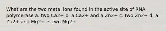 What are the two metal ions found in the active site of RNA polymerase a. two Ca2+ b. a Ca2+ and a Zn2+ c. two Zn2+ d. a Zn2+ and Mg2+ e. two Mg2+