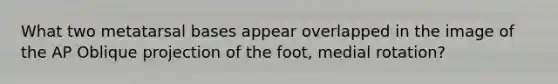 What two metatarsal bases appear overlapped in the image of the AP Oblique projection of the foot, medial rotation?