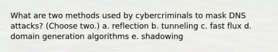 What are two methods used by cybercriminals to mask DNS attacks? (Choose two.) a. reflection b. tunneling c. fast flux d. domain generation algorithms e. shadowing