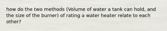 how do the two methods (Volume of water a tank can hold, and the size of the burner) of rating a water heater relate to each other?