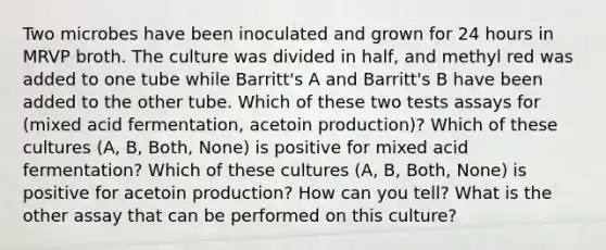 Two microbes have been inoculated and grown for 24 hours in MRVP broth. The culture was divided in half, and methyl red was added to one tube while Barritt's A and Barritt's B have been added to the other tube. Which of these two tests assays for (mixed acid fermentation, acetoin production)? Which of these cultures (A, B, Both, None) is positive for mixed acid fermentation? Which of these cultures (A, B, Both, None) is positive for acetoin production? How can you tell? What is the other assay that can be performed on this culture?