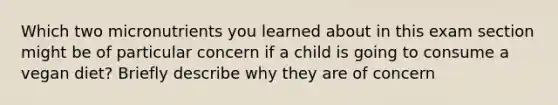 Which two micronutrients you learned about in this exam section might be of particular concern if a child is going to consume a vegan diet? Briefly describe why they are of concern