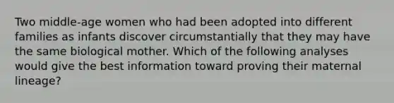 Two middle-age women who had been adopted into different families as infants discover circumstantially that they may have the same biological mother. Which of the following analyses would give the best information toward proving their maternal lineage?