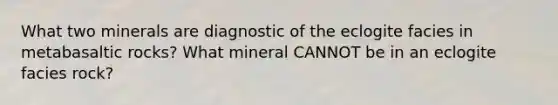 What two minerals are diagnostic of the eclogite facies in metabasaltic rocks? What mineral CANNOT be in an eclogite facies rock?