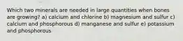 Which two minerals are needed in large quantities when bones are growing? a) calcium and chlorine b) magnesium and sulfur c) calcium and phosphorous d) manganese and sulfur e) potassium and phosphorous