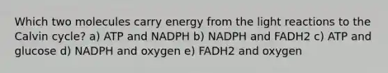 Which two molecules carry energy from the light reactions to the Calvin cycle? a) ATP and NADPH b) NADPH and FADH2 c) ATP and glucose d) NADPH and oxygen e) FADH2 and oxygen