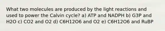 What two molecules are produced by the light reactions and used to power the Calvin cycle? a) ATP and NADPH b) G3P and H2O c) CO2 and O2 d) C6H12O6 and O2 e) C6H12O6 and RuBP