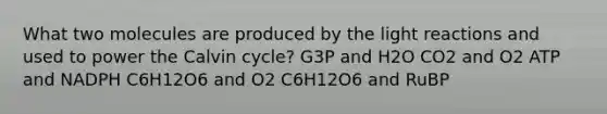 What two molecules are produced by the light reactions and used to power the Calvin cycle? G3P and H2O CO2 and O2 ATP and NADPH C6H12O6 and O2 C6H12O6 and RuBP