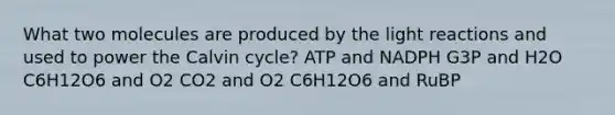 What two molecules are produced by the <a href='https://www.questionai.com/knowledge/kSUoWrrvoC-light-reactions' class='anchor-knowledge'>light reactions</a> and used to power the Calvin cycle? ATP and NADPH G3P and H2O C6H12O6 and O2 CO2 and O2 C6H12O6 and RuBP