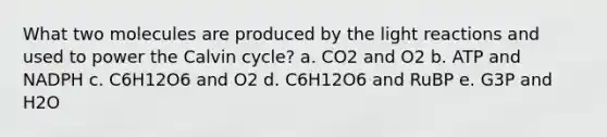 What two molecules are produced by the light reactions and used to power the Calvin cycle? a. CO2 and O2 b. ATP and NADPH c. C6H12O6 and O2 d. C6H12O6 and RuBP e. G3P and H2O