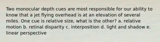 Two monocular depth cues are most responsible for our ability to know that a jet flying overhead is at an elevation of several miles. One cue is relative size, what is the other? a. relative motion b. retinal disparity c. interposition d. light and shadow e. linear perspective