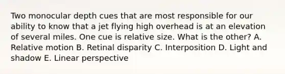 Two monocular depth cues that are most responsible for our ability to know that a jet flying high overhead is at an elevation of several miles. One cue is relative size. What is the other? A. Relative motion B. Retinal disparity C. Interposition D. Light and shadow E. Linear perspective