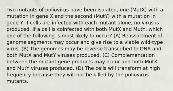 Two mutants of poliovirus have been isolated, one (MutX) with a mutation in gene X and the second (MutY) with a mutation in gene Y. If cells are infected with each mutant alone, no virus is produced. If a cell is coinfected with both MutX and MutY, which one of the following is most likely to occur? (A) Reassortment of genome segments may occur and give rise to a viable wild-type virus. (B) The genomes may be reverse transcribed to DNA and both MutX and MutY viruses produced. (C) Complementation between the mutant gene products may occur and both MutX and MutY viruses produced. (D) The cells will transform at high frequency because they will not be killed by the poliovirus mutants.