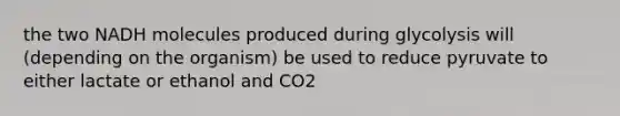 the two NADH molecules produced during glycolysis will (depending on the organism) be used to reduce pyruvate to either lactate or ethanol and CO2