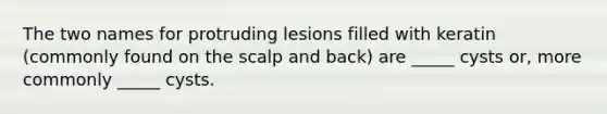 The two names for protruding lesions filled with keratin (commonly found on the scalp and back) are _____ cysts or, more commonly _____ cysts.