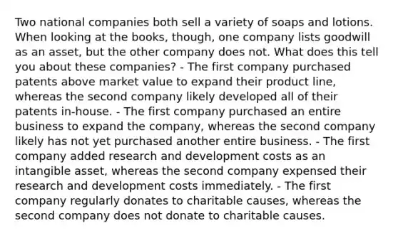 Two national companies both sell a variety of soaps and lotions. When looking at the books, though, one company lists goodwill as an asset, but the other company does not. What does this tell you about these companies? - The first company purchased patents above market value to expand their product line, whereas the second company likely developed all of their patents in-house. - The first company purchased an entire business to expand the company, whereas the second company likely has not yet purchased another entire business. - The first company added research and development costs as an intangible asset, whereas the second company expensed their research and development costs immediately. - The first company regularly donates to charitable causes, whereas the second company does not donate to charitable causes.