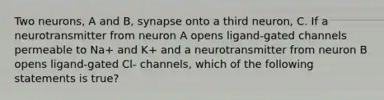 Two neurons, A and B, synapse onto a third neuron, C. If a neurotransmitter from neuron A opens ligand-gated channels permeable to Na+ and K+ and a neurotransmitter from neuron B opens ligand-gated Cl- channels, which of the following statements is true?