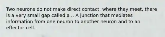 Two neurons do not make direct contact, where they meet, there is a very small gap called a .. A junction that mediates information from one neuron to another neuron and to an effector cell..