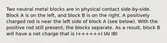 Two neutral metal blocks are in physical contact side-by-side. Block A is on the left, and block B is on the right. A positively charged rod is near the left side of block A (see below). With the positive rod still present, the blocks separate. As a result, block B will have a net charge that is I++++++I IAI IBI