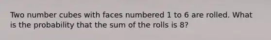 Two number cubes with faces numbered 1 to 6 are rolled. What is the probability that the sum of the rolls is 8?