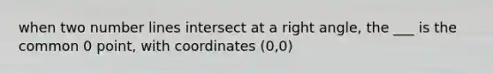 when two <a href='https://www.questionai.com/knowledge/kXggUsi0FB-number-line' class='anchor-knowledge'>number line</a>s intersect at a <a href='https://www.questionai.com/knowledge/kIh722csLJ-right-angle' class='anchor-knowledge'>right angle</a>, the ___ is the common 0 point, with coordinates (0,0)