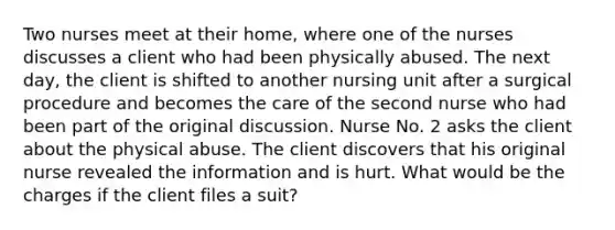 Two nurses meet at their home, where one of the nurses discusses a client who had been physically abused. The next day, the client is shifted to another nursing unit after a surgical procedure and becomes the care of the second nurse who had been part of the original discussion. Nurse No. 2 asks the client about the physical abuse. The client discovers that his original nurse revealed the information and is hurt. What would be the charges if the client files a suit?