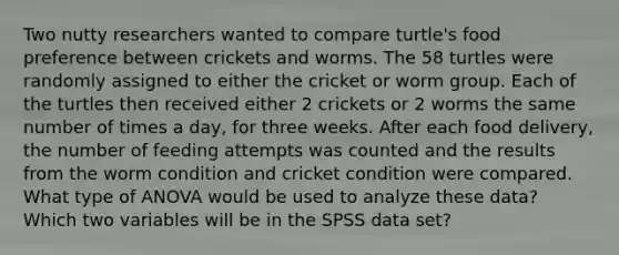 Two nutty researchers wanted to compare turtle's food preference between crickets and worms. The 58 turtles were randomly assigned to either the cricket or worm group. Each of the turtles then received either 2 crickets or 2 worms the same number of times a day, for three weeks. After each food delivery, the number of feeding attempts was counted and the results from the worm condition and cricket condition were compared. What type of ANOVA would be used to analyze these data? Which two variables will be in the SPSS data set?