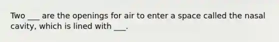 Two ___ are the openings for air to enter a space called the nasal cavity, which is lined with ___.