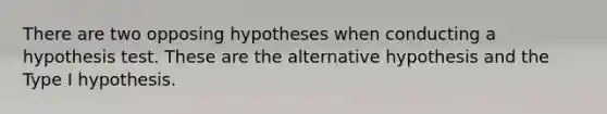 There are two opposing hypotheses when conducting a hypothesis test. These are the alternative hypothesis and the Type I hypothesis.