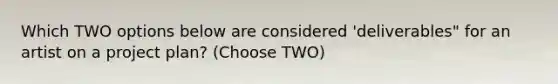 Which TWO options below are considered 'deliverables" for an artist on a project plan? (Choose TWO)