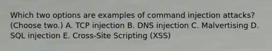 Which two options are examples of command injection attacks? (Choose two.) A. TCP injection B. DNS injection C. Malvertising D. SQL injection E. Cross-Site Scripting (XSS)